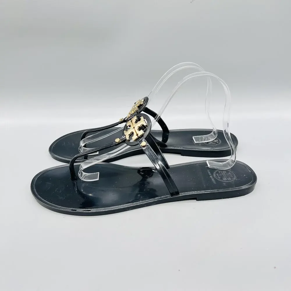 Tory Burch Sandals Womens 11 Black Rubber Jelly Thong Logo Medallion Shoes